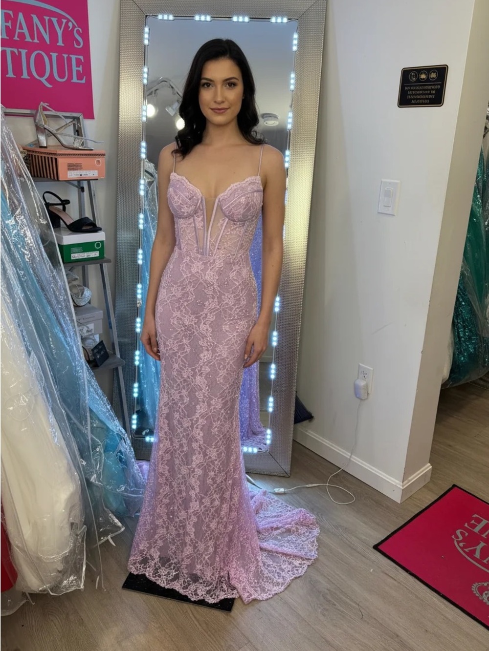 Jovani Lilac Lace Corset Prom Gown